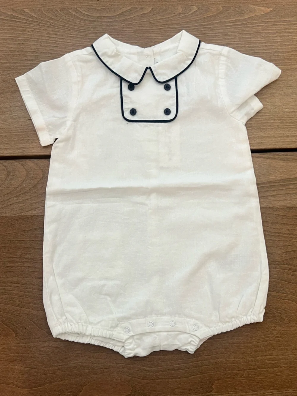 Janie and Jack White Infant Romper with Navy Piping